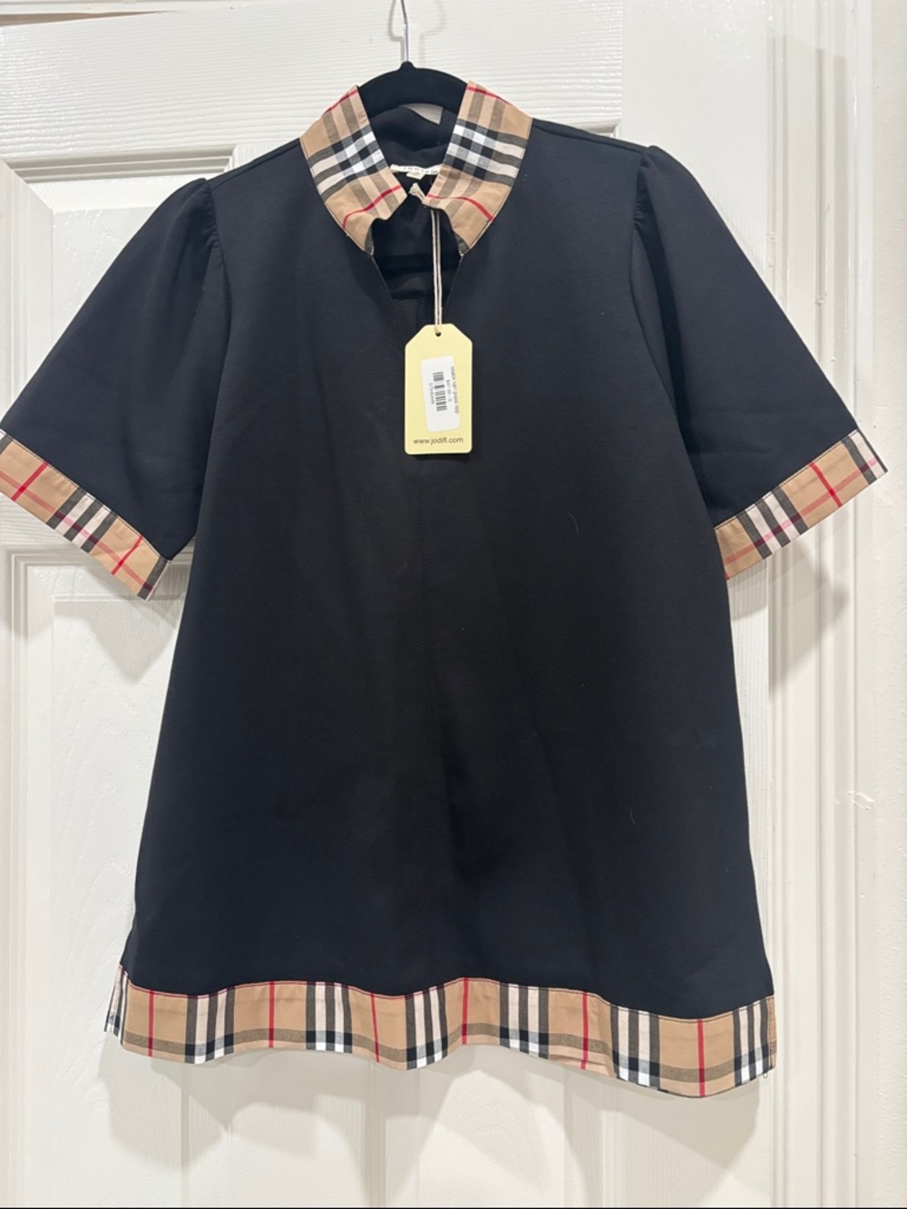 Jodifl Black Short-Sleeve Top with Plaid Trim
